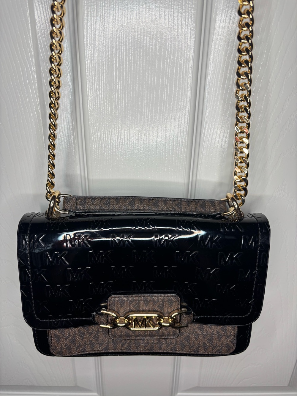 Michael Kors Black Patent Leather Shoulder Bag with Gold Chain
